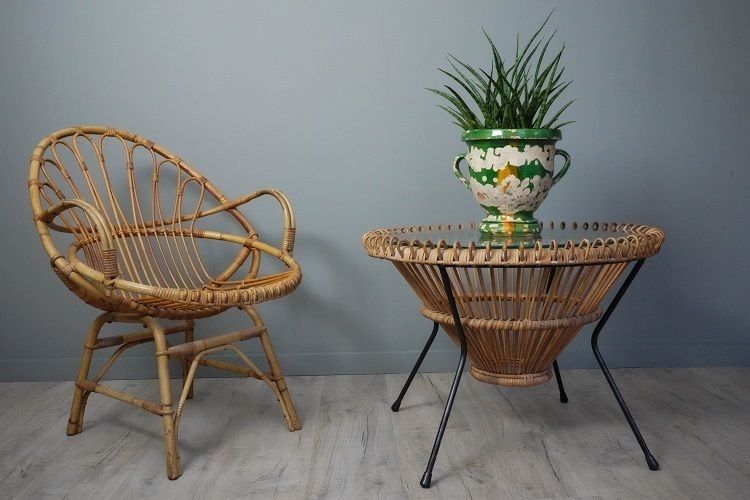 Franco Albini Vintage Rattan Table And Chair