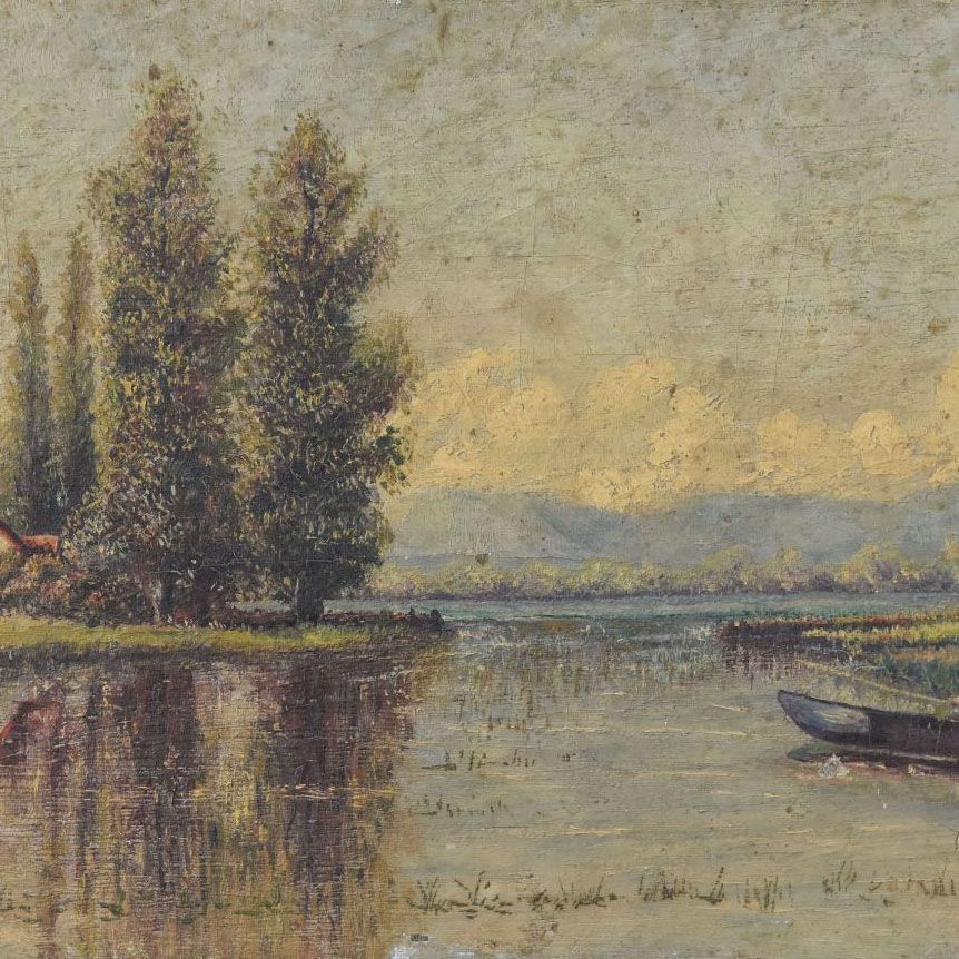 Oil Painting On Canvas Lake Scene House At The Water's Edge 19th photo for sale