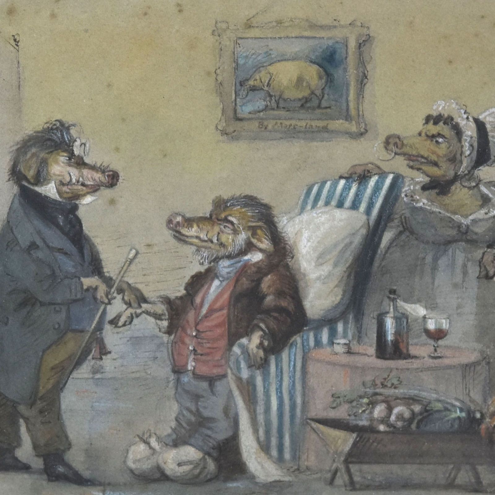 Painting With Gouache With Wild Boars At The End Of The 19th Century photo furniture