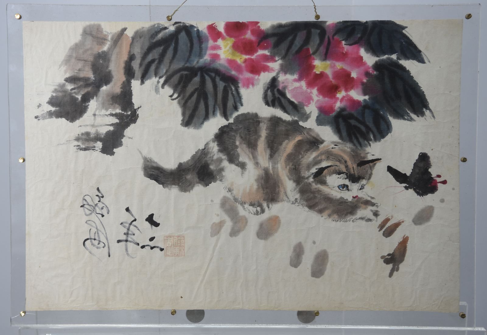 Japanese Painting On Silk With Cat And Butterfly Early Twentieth Time photo furniture