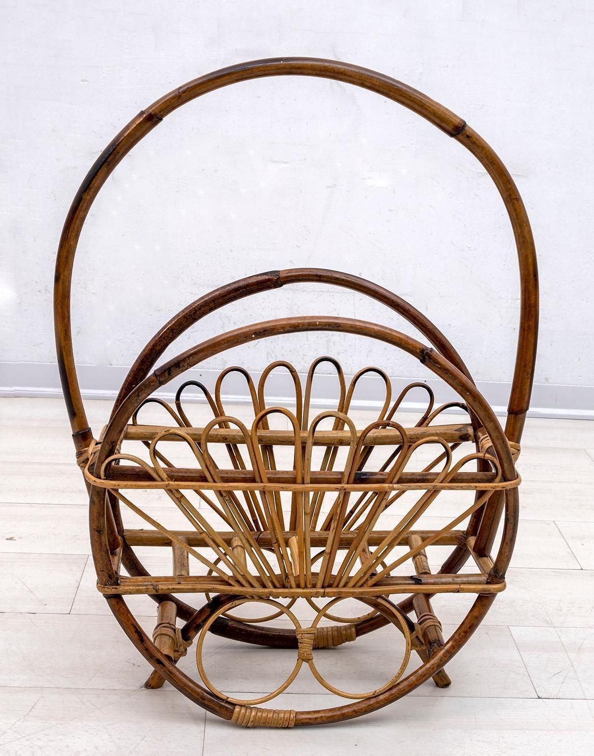 Mid Century Modern Italian Rattan Bamboo Magazine Rack Stand, 1960s photo furniture