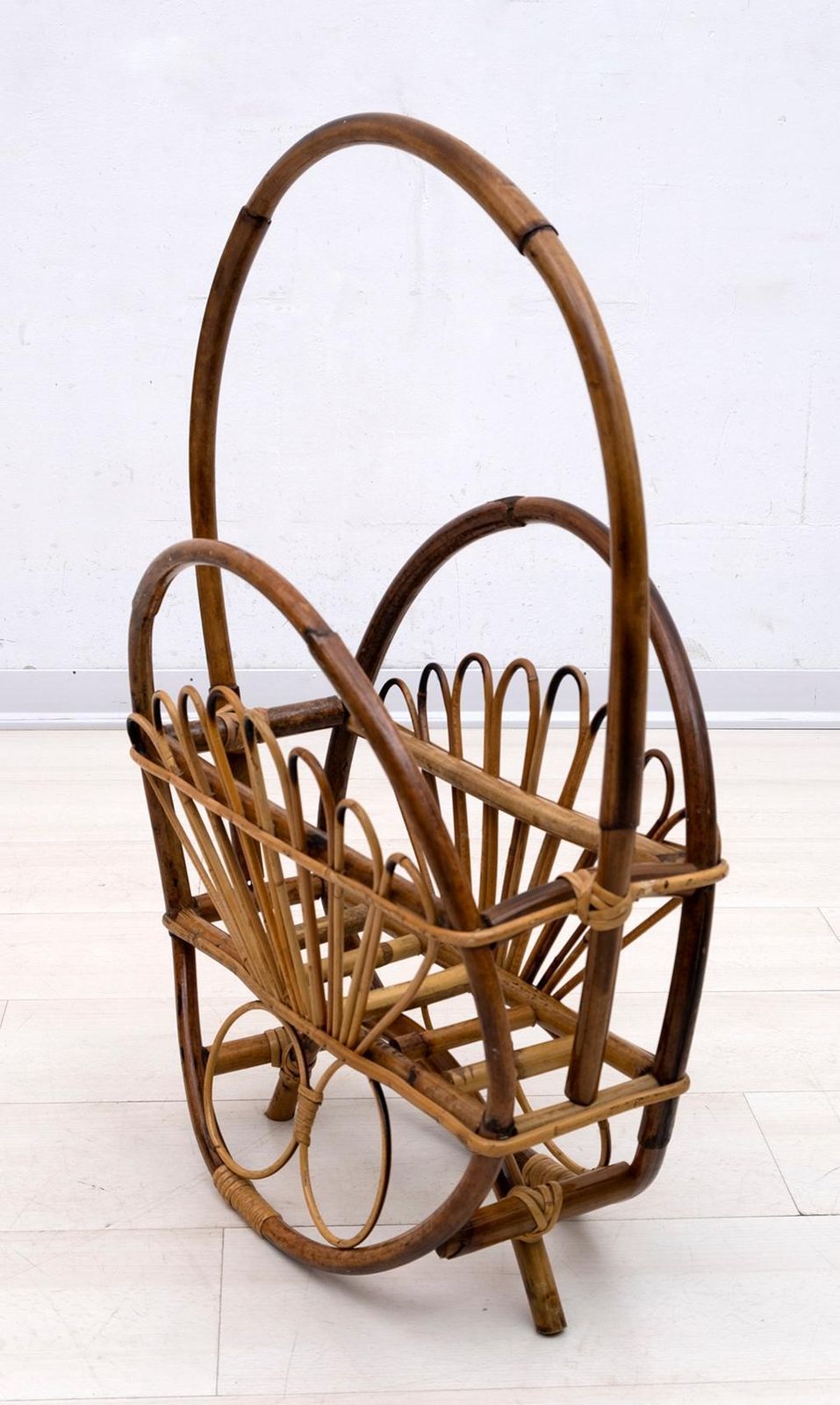 Mid Century Modern Italian Rattan Bamboo Magazine Rack Stand, 1960s photo for sale