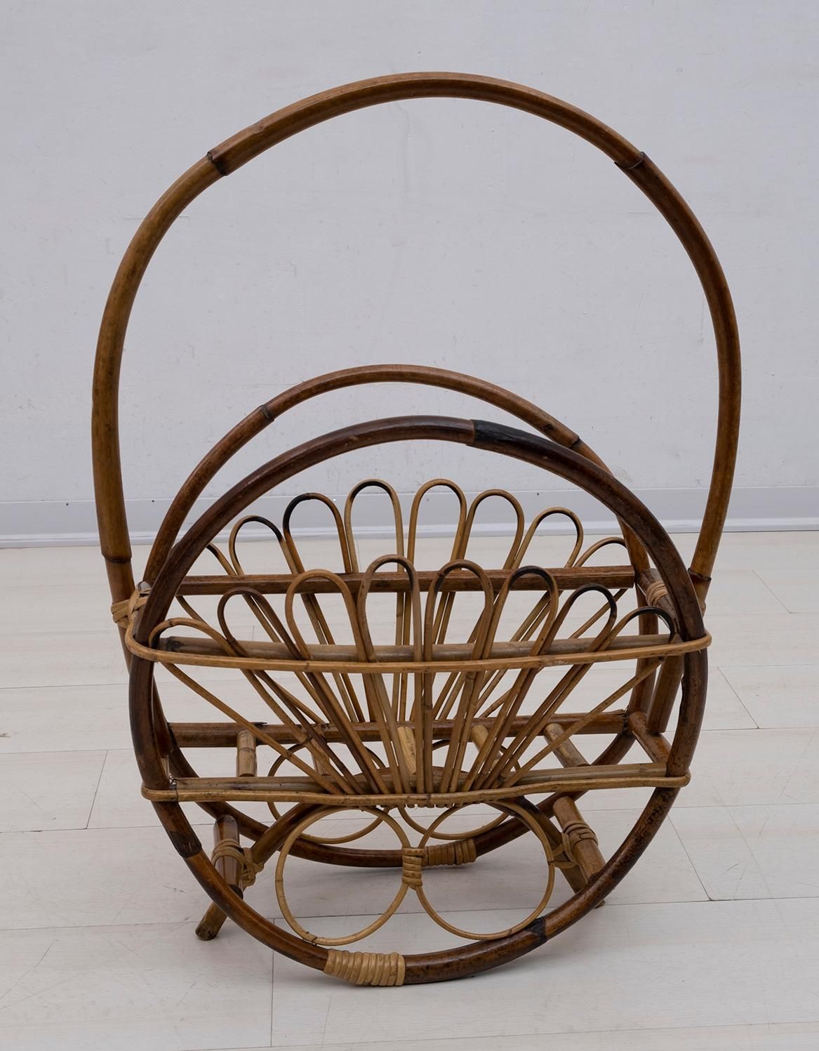 Mid Century Modern Italian Rattan Bamboo Magazine Rack Stand, 1960s photo Home Decor