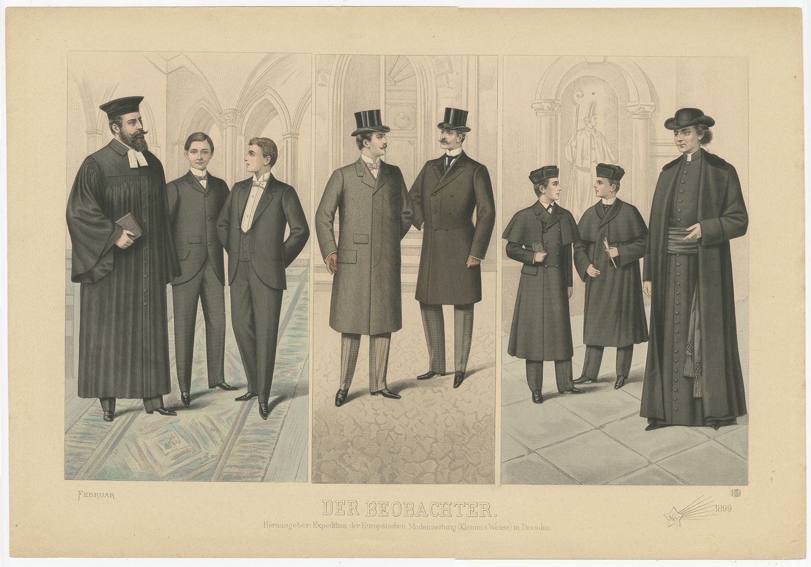 Antique Print Of Fashion In February 1899 By Klemm & Weiss (C.1900)