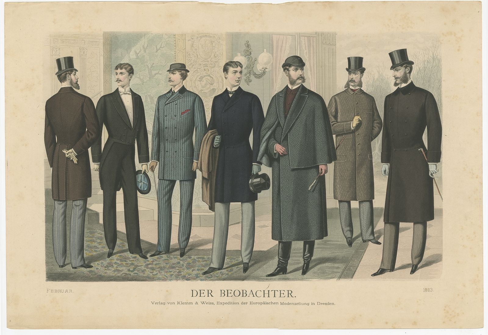Antique Print Of Fashion In February 1883 By Klemm & Weiss (C.1900)