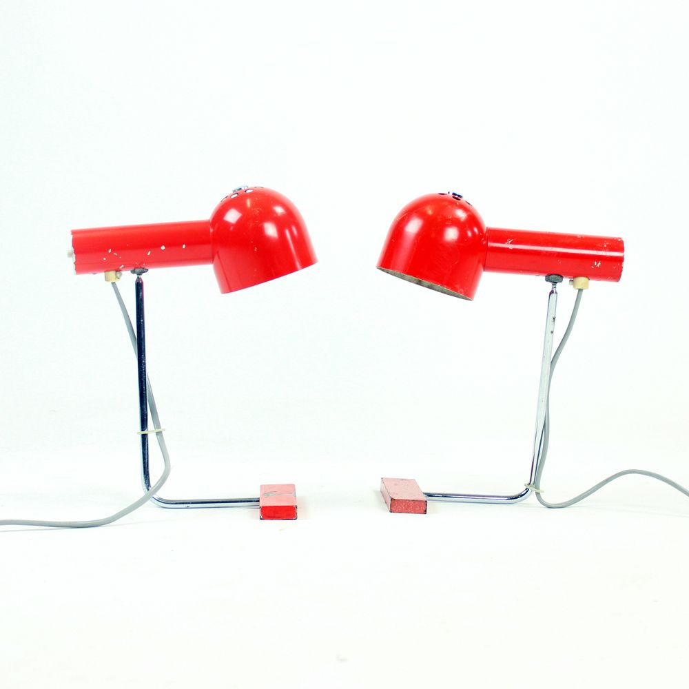 Pair Of Red Metal & Chrome Table Lamps By Josef Hurka For Napako Circa 1960