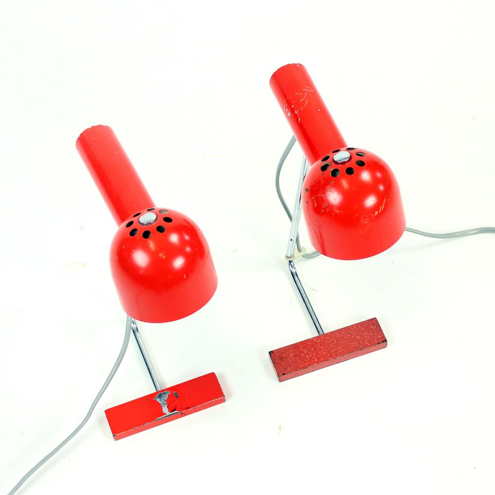 Pair Of Red Metal & Chrome Table Lamps By Josef Hurka For Napako Circa 1960 photo vinterior
