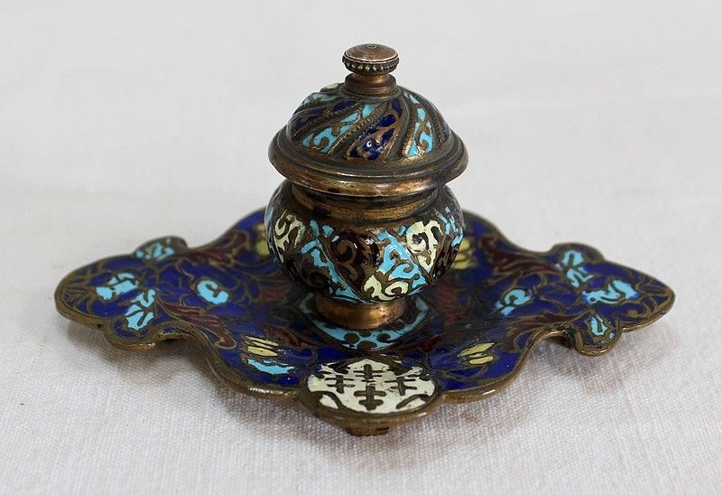 Small Inkwell In Bronze And Cloisonné Enamels   Nineteenth