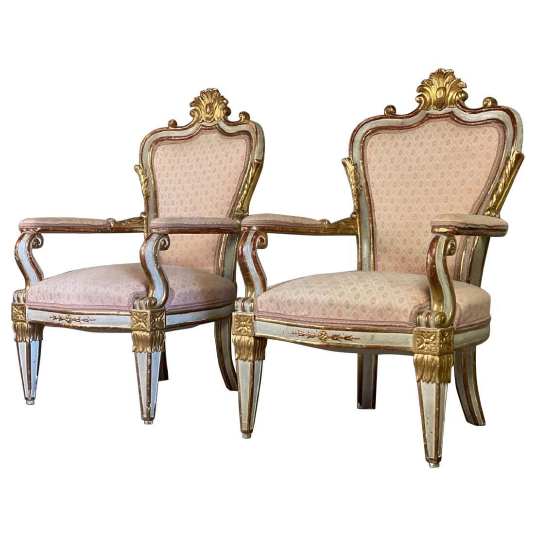 Pair Of Italian Armchairs In Sculpted Giltwood