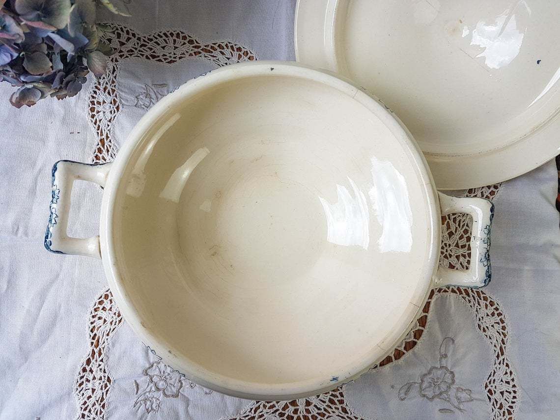 Longchamp "Denise" Soup Tureen Terre De Fer Soup Tureen Blue Flowers Decor ~ Old Dish ~ French Antique photo 51.0