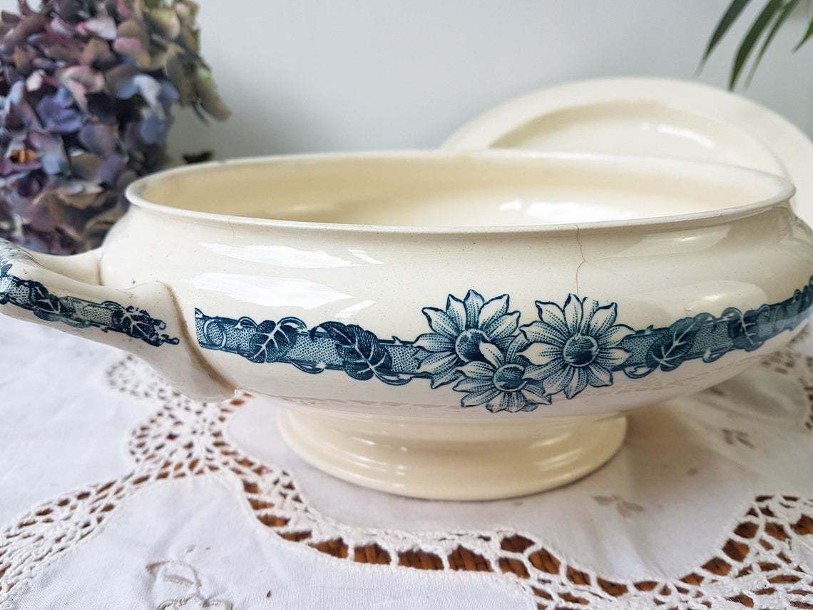 Longchamp "Denise" Soup Tureen Terre De Fer Soup Tureen Blue Flowers Decor ~ Old Dish ~ French Antique photo vintage