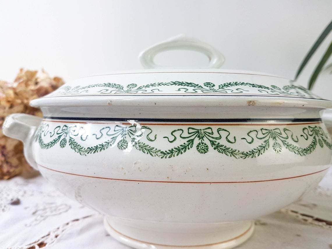 Saint Amand Soup Tureen "5006" Iron Earth Tureen Blue Green Decor ~ Old Dish ~ French Antique Transferware photo vinterior