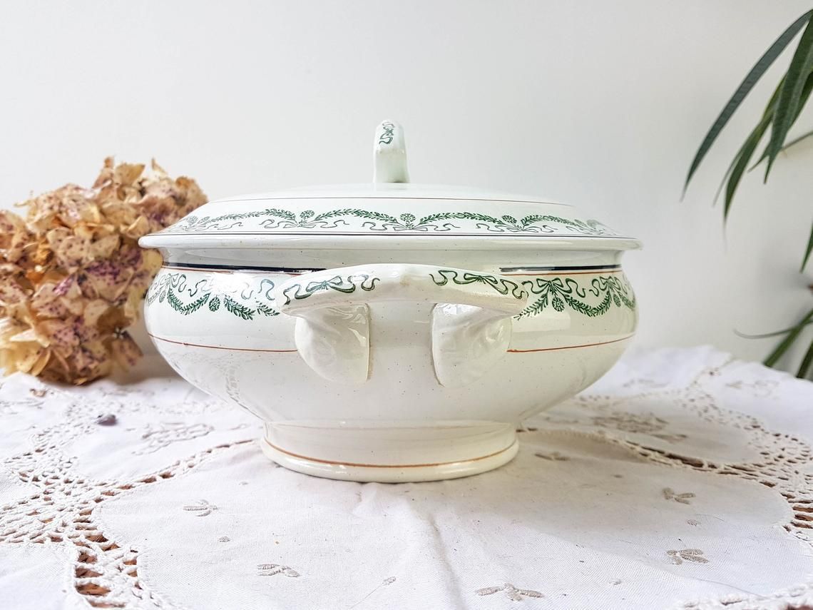 Saint Amand Soup Tureen "5006" Iron Earth Tureen Blue Green Decor ~ Old Dish ~ French Antique Transferware photo buy