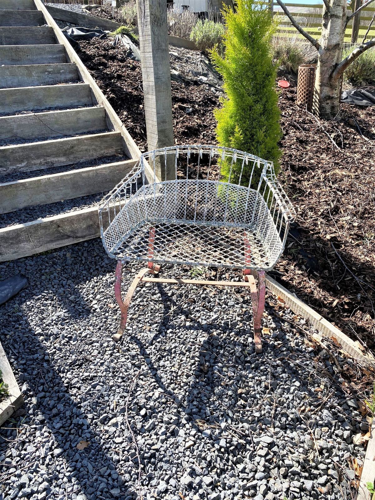 A Rare 1920s Wirework Garden Seat With Scroll Wrought Iron Feet