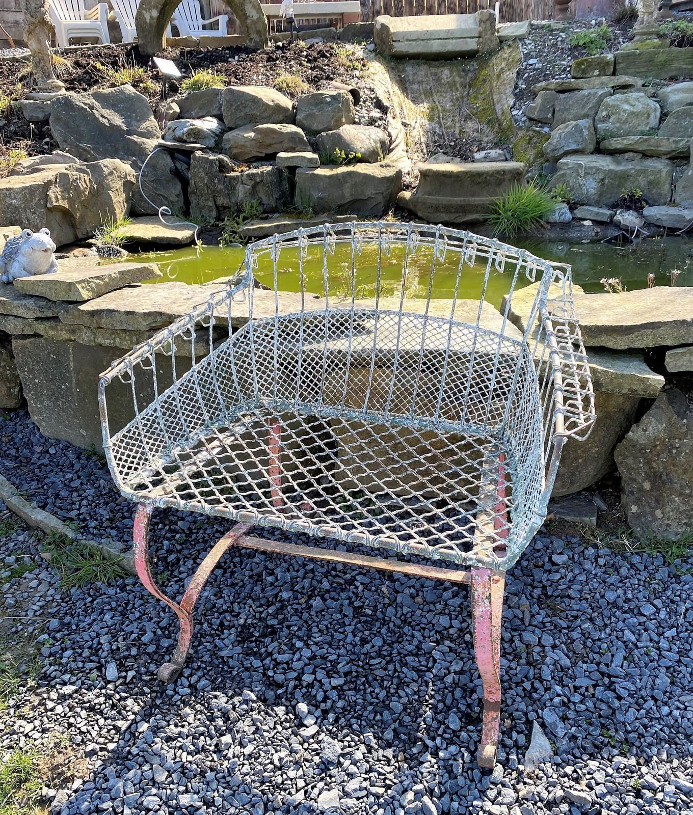 A Rare 1920s Wirework Garden Seat With Scroll Wrought Iron Feet photo for sale
