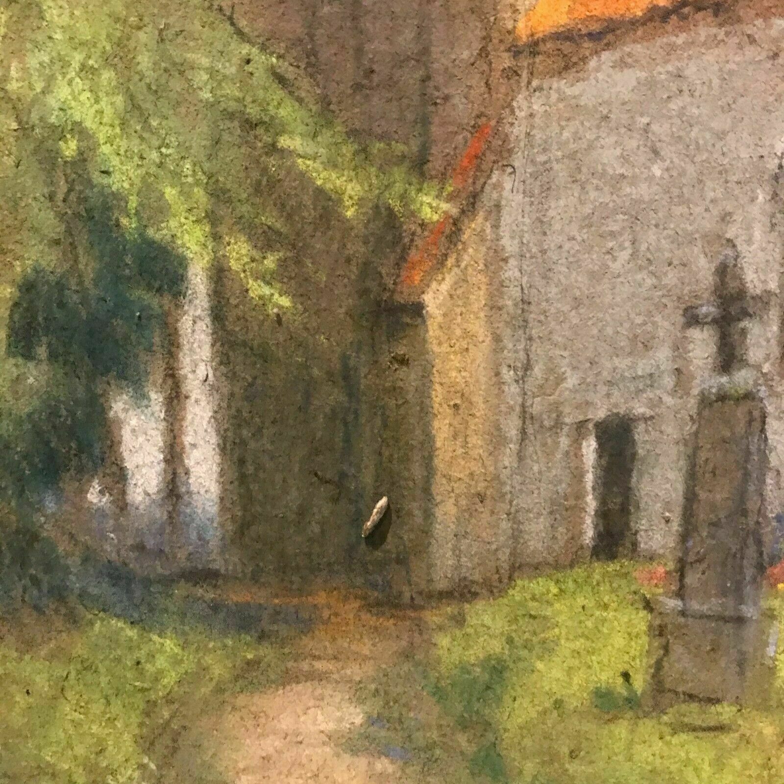 Pastel Framed "Old Church In Longeville" Signed M Degueldre XX Century photo Art