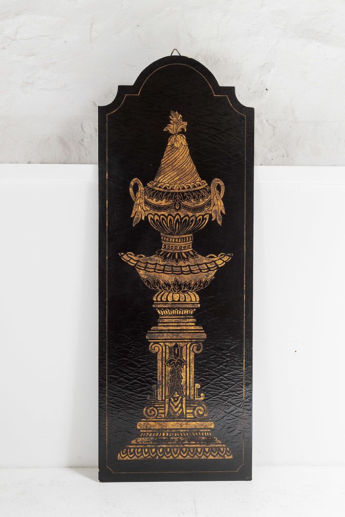 photo for sale Italian Style Gold Empire Urns On Black Lacquered Panels | Large Wall Art