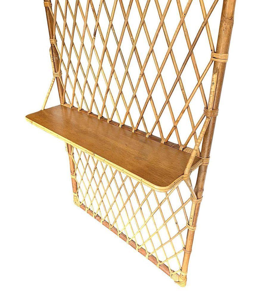 1970s French Riviera Rattan And Bamboo Coat Rack With Wooden Shelf photo furniture