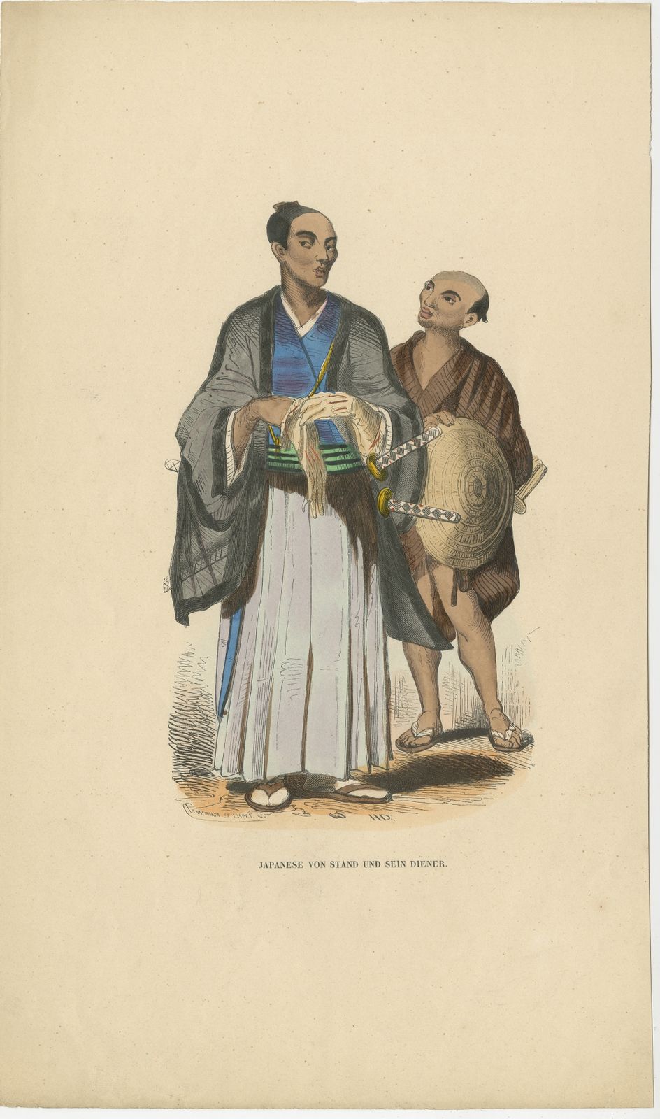 Antique Print Of A Japanese Nobleman And His Servant By Berghaus (C.1845)