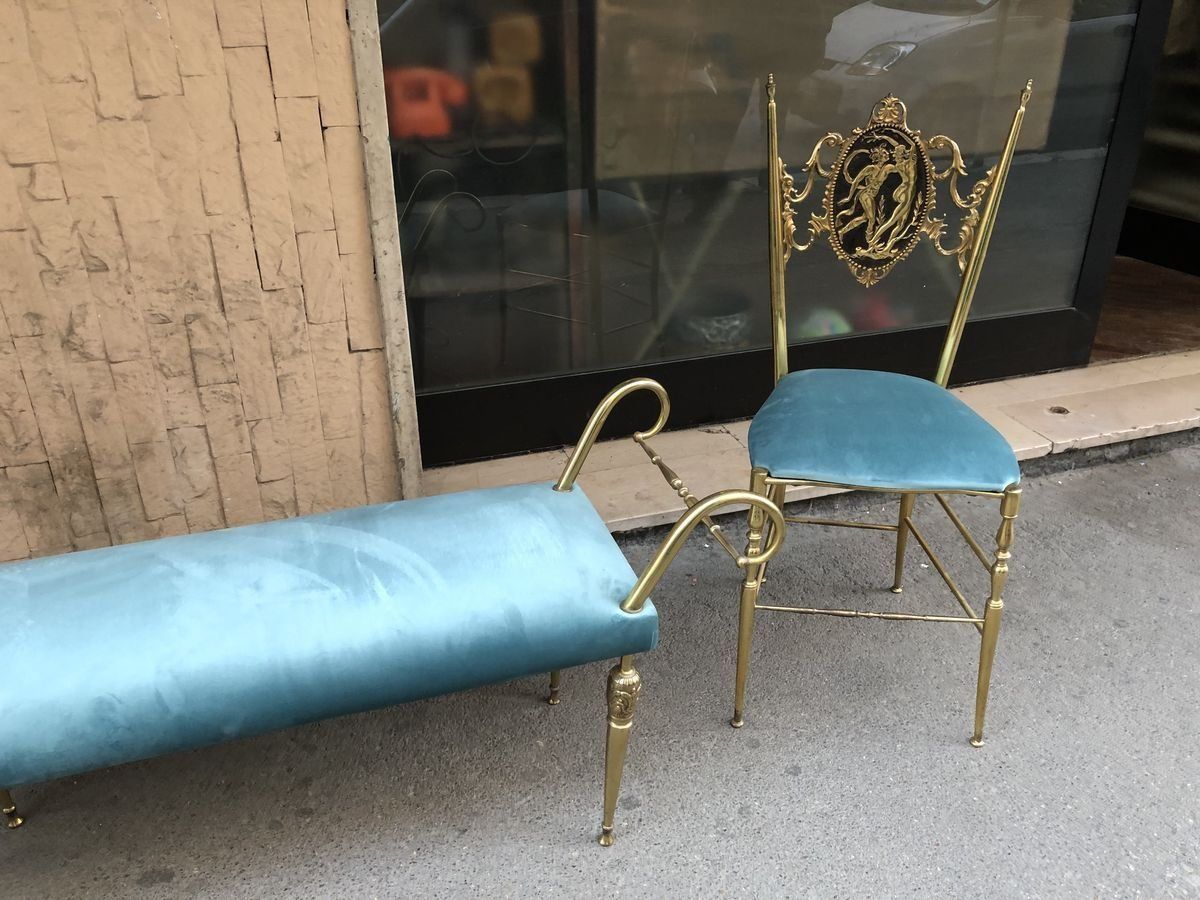 photo buy Chiavari Chairs And Vintage Brass Ottoman, 1950s, Set Of 3