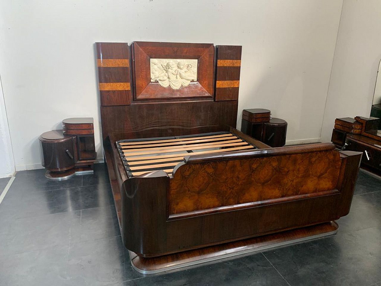 Bed And Bedside Tables In Rosewood, Walnut And Carved Cherubs, 20s photo for sale