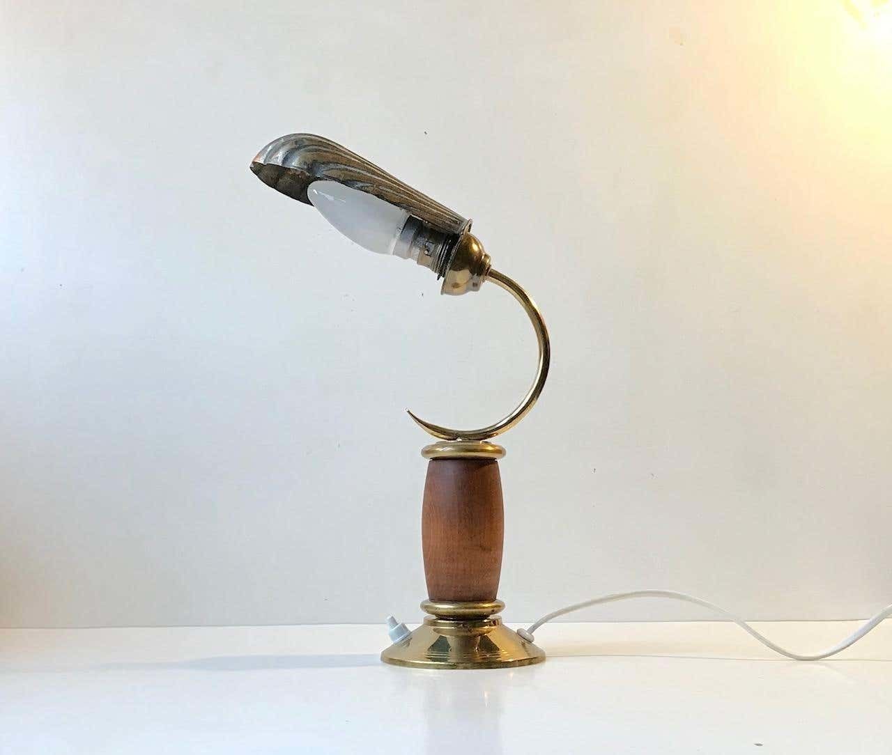 French Art Deco Clam Shell Table Light In Brass And Oak, 1930s