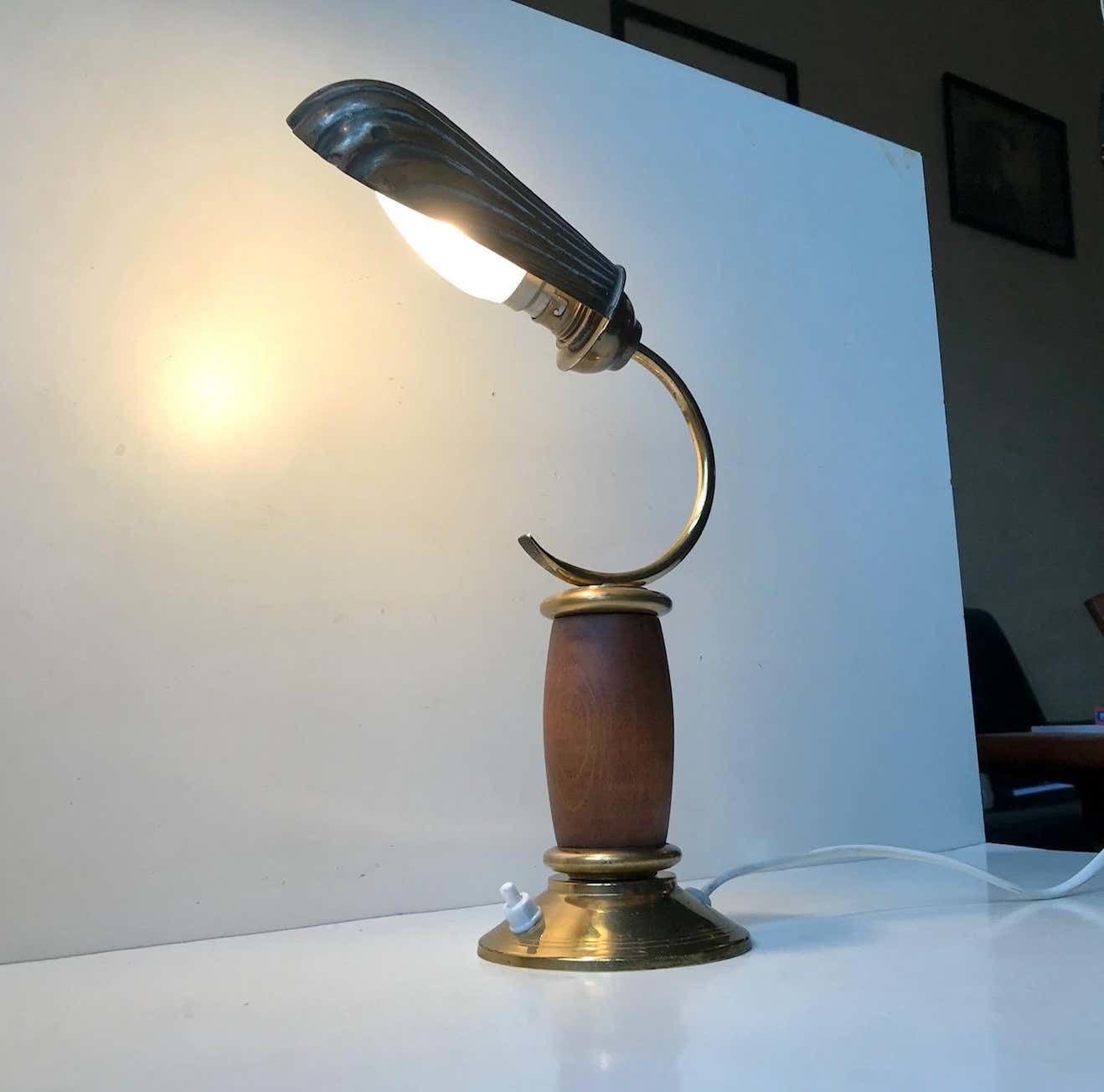 French Art Deco Clam Shell Table Light In Brass And Oak, 1930s photo for sale