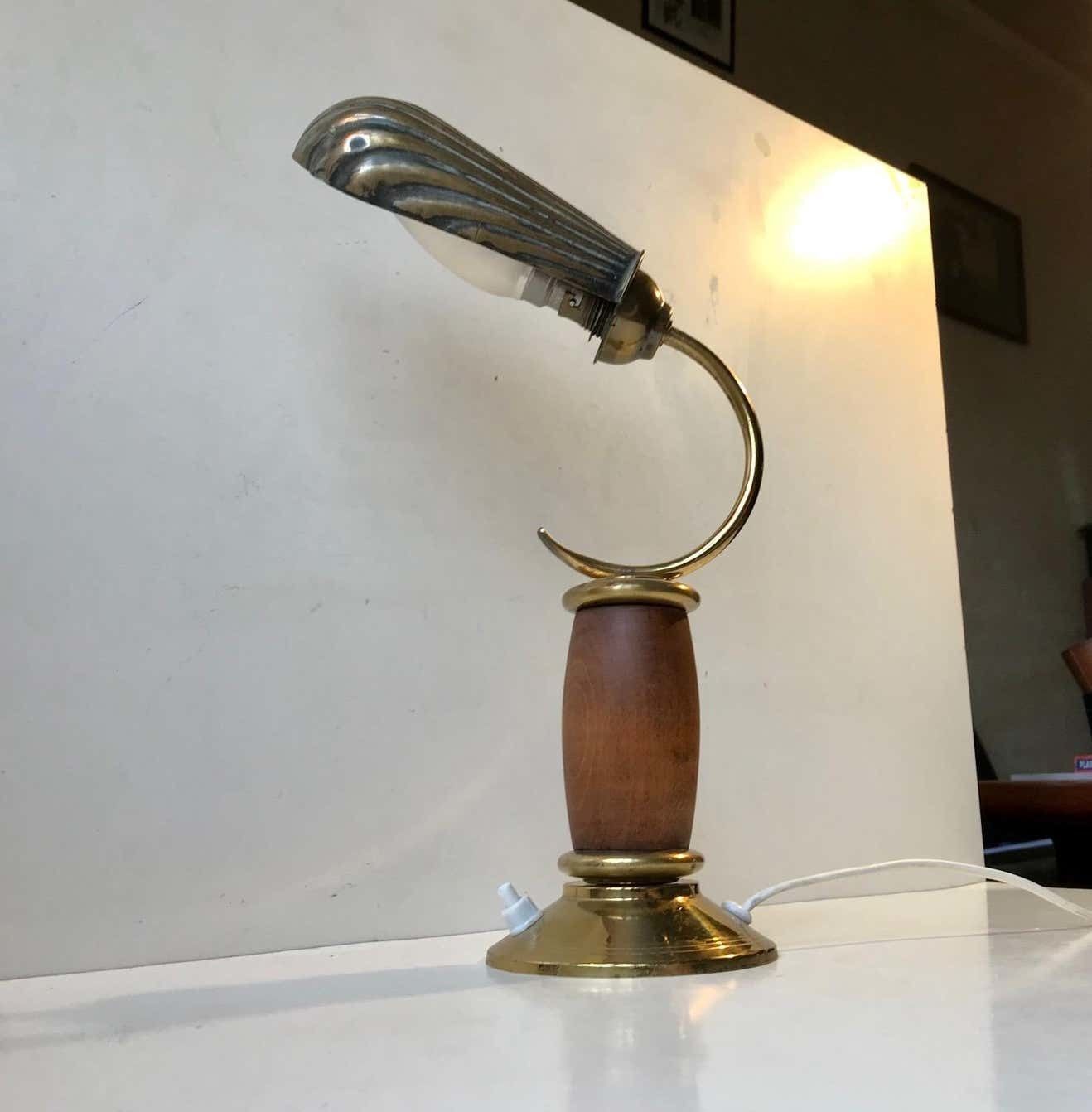 French Art Deco Clam Shell Table Light In Brass And Oak, 1930s photo vinterior