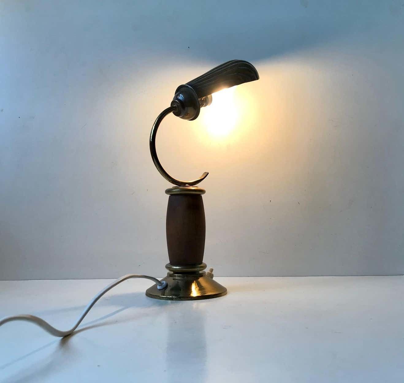 French Art Deco Clam Shell Table Light In Brass And Oak, 1930s photo vintage