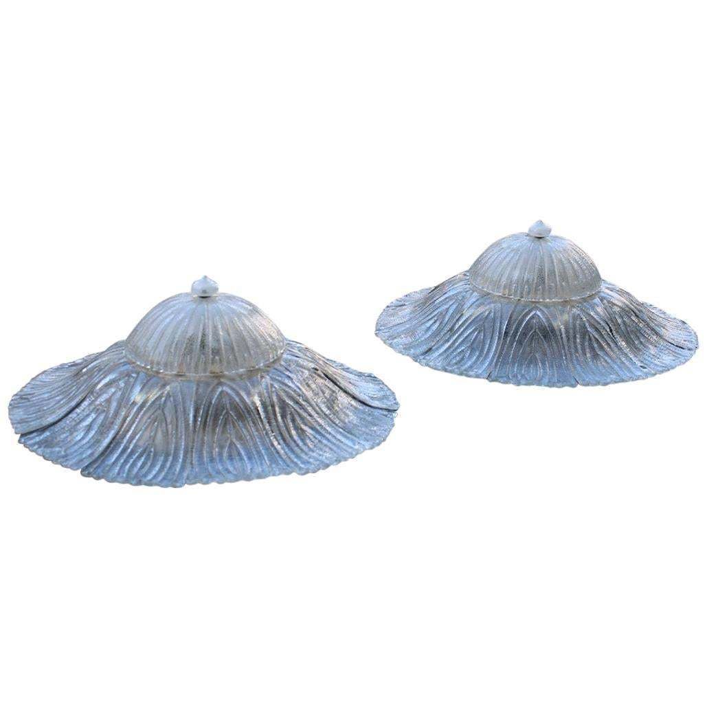 Big Pair Round Murano Ceiling Lamp Italian Design Flowers Dew Glass Gold