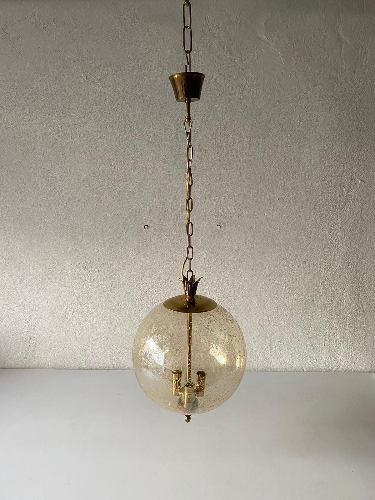 Fantastic Mid Century Modern Smoke Glass Pendant Lamp   Pomegranate Designed Brass Top And Bottom Details, 1960s, Germany photo Lighting