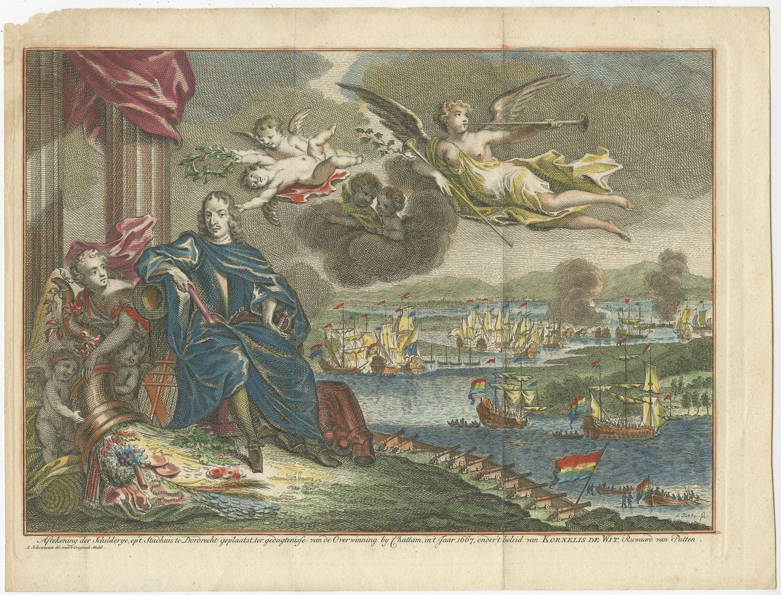 Antique Print Of The Battle Of Chattam By Fokke (C.1790)