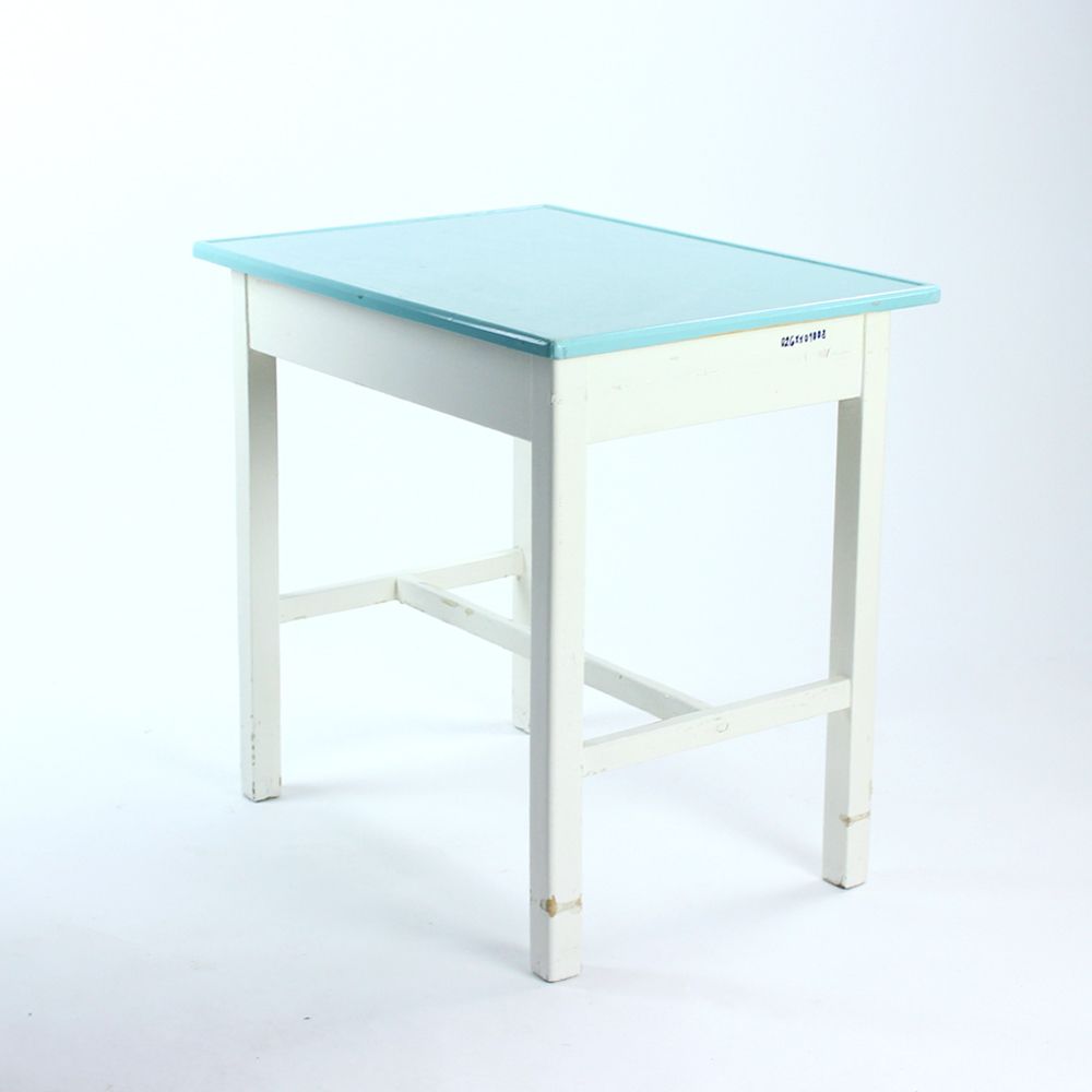Wooden Farm Table In White & Turquoise Color, Czechoslovakia 1950s photo Furniture