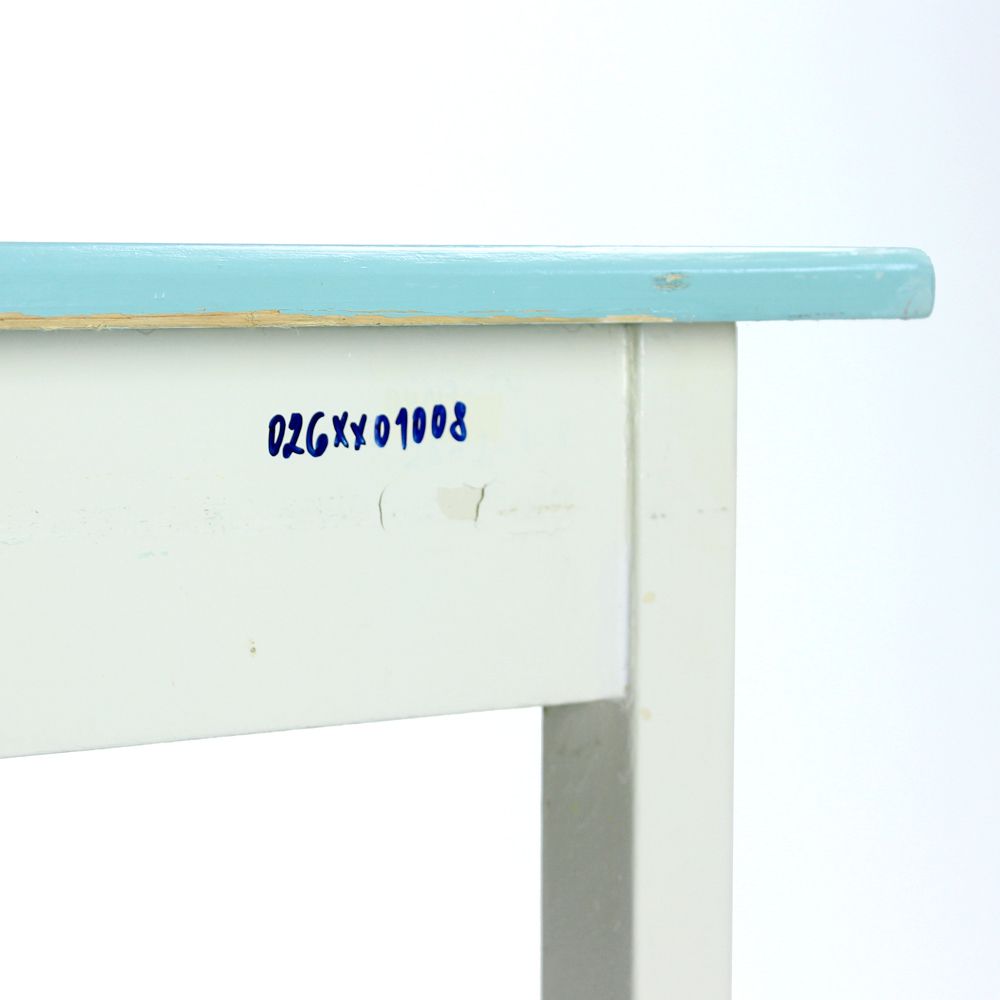 Wooden Farm Table In White & Turquoise Color, Czechoslovakia 1950s photo vintage