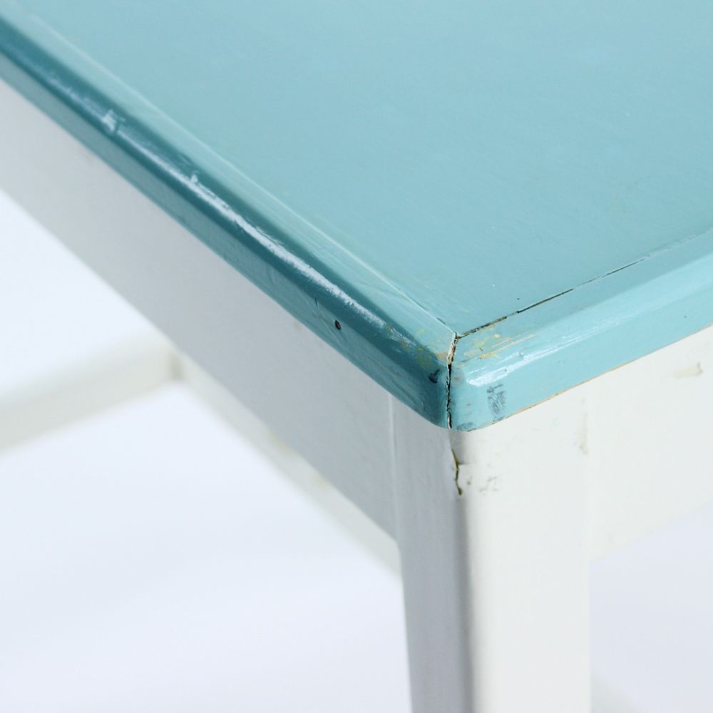 photo for sale Wooden Farm Table In White & Turquoise Color, Czechoslovakia 1950s