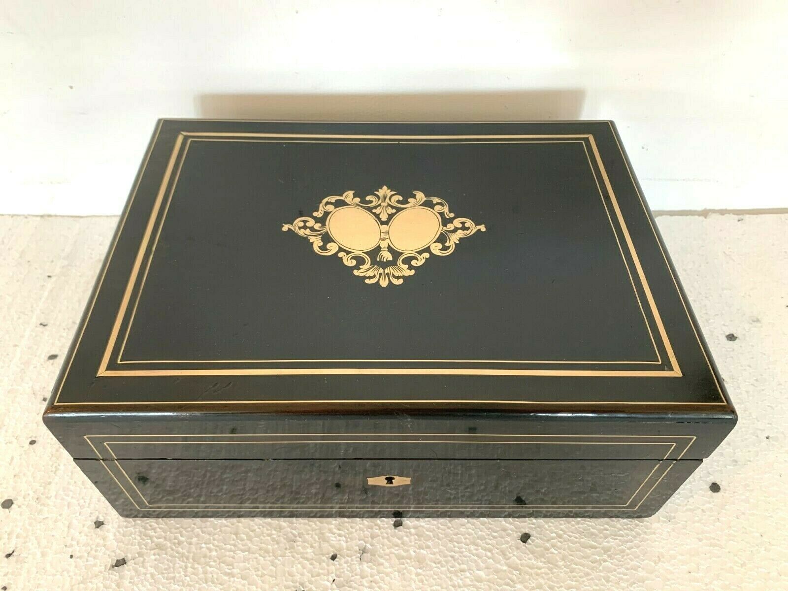 Napoleon III Jewelry Box In Blackened Wood 19th Century Brass Marquetry photo Home Decor