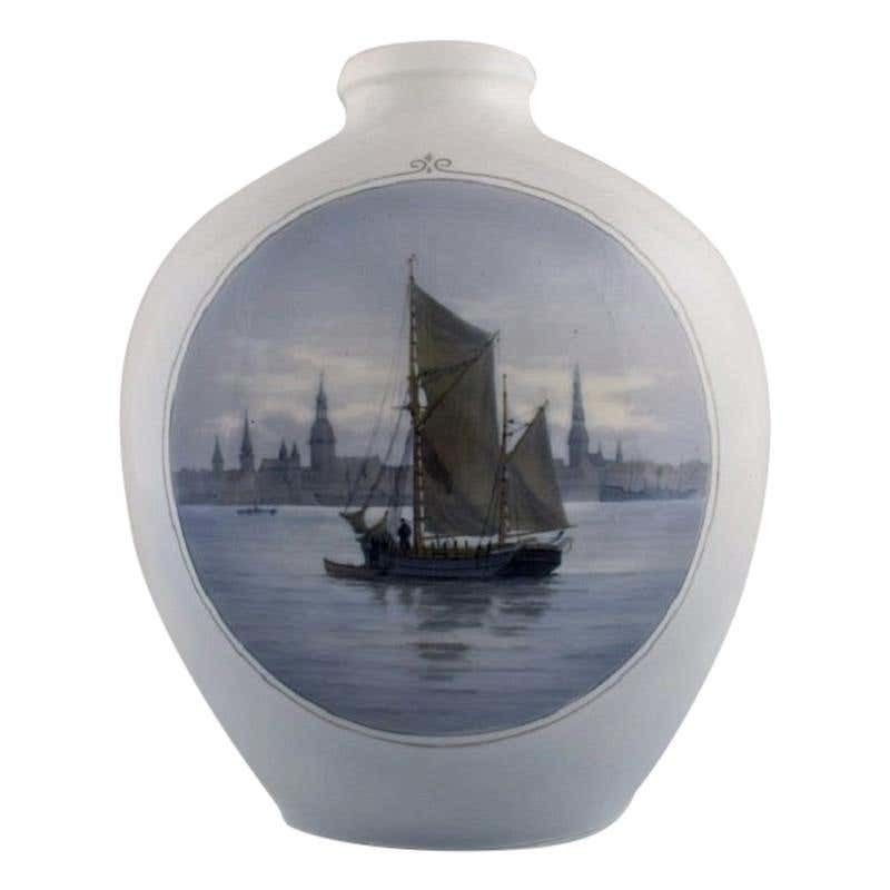 Large Royal Copenhagen Vase In Hand Painted Porcelain, Sailboat, 1920s photo furniture