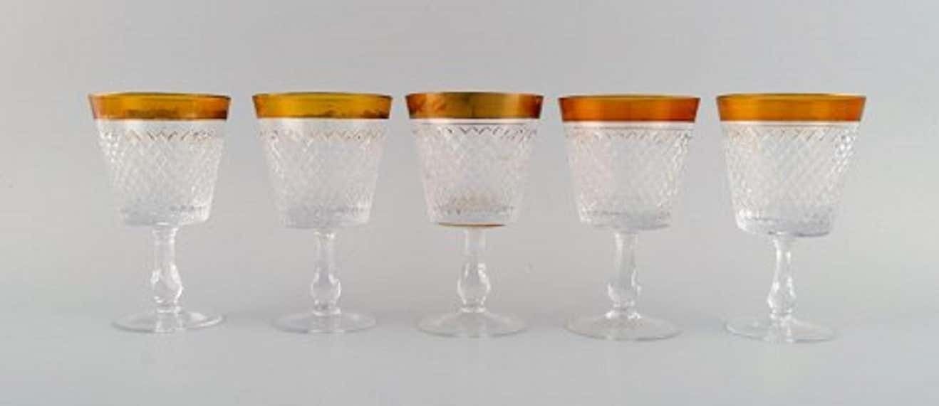 14 Glasses In Mouth Blown Crystal Glass With Gold Edge, France, 1930s photo for sale