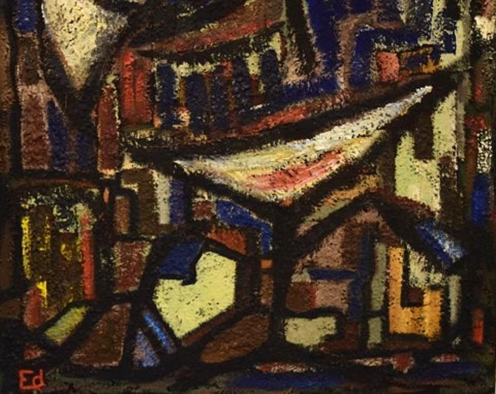 Scandinavian Modernist, Oil On Board, Modernist Composition photo vinterior