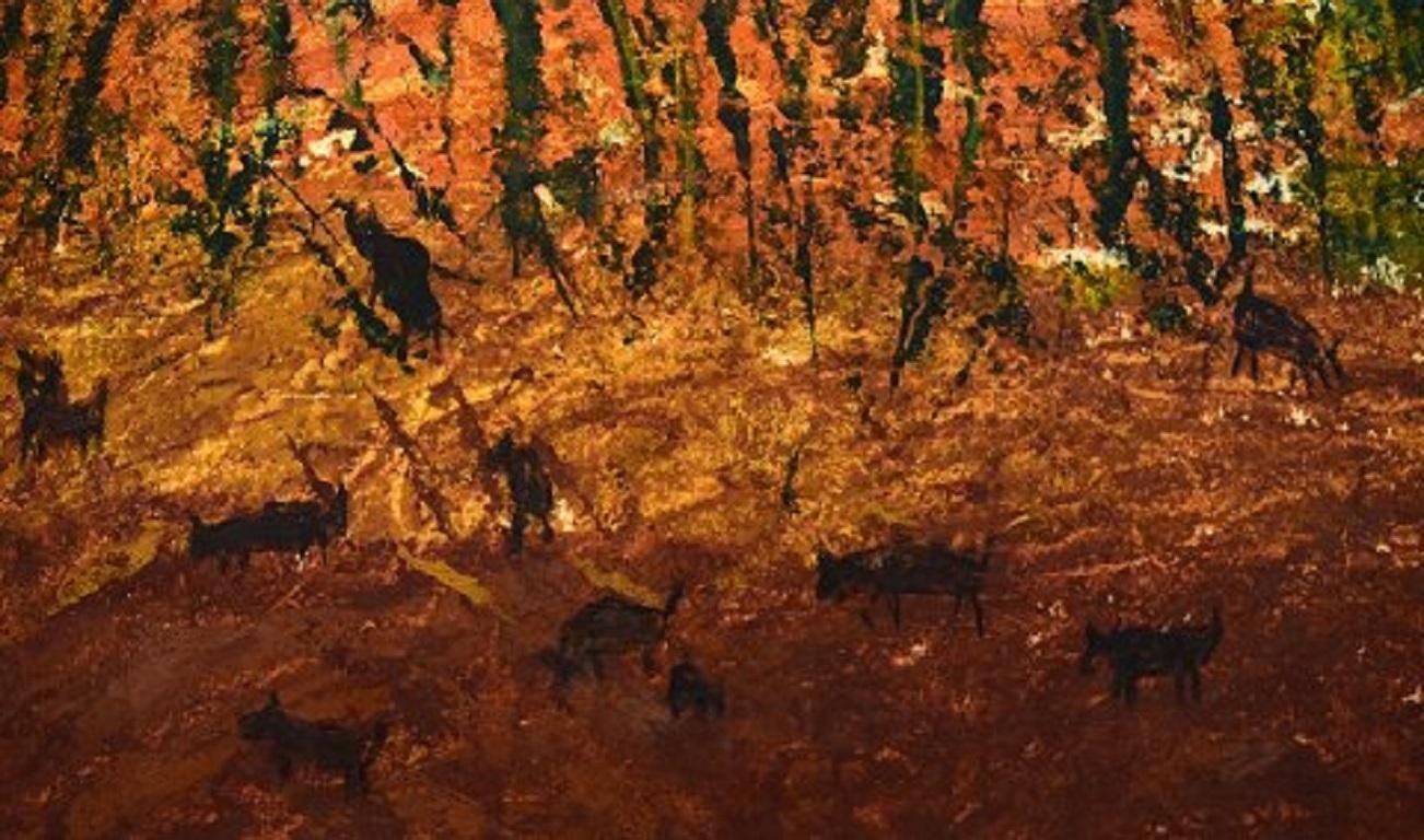 Göta Fogler Sweden Oil On Canvas Abstract Landscape With Animals photo for sale