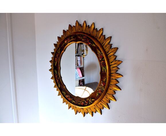 Golden Wooden Sun Mirror, France, 1980, 70cm photo for sale