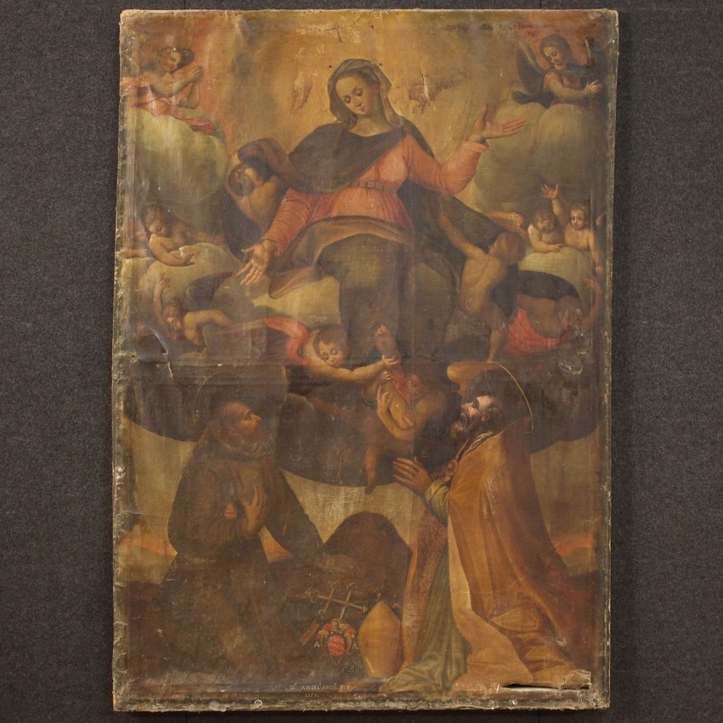 Antique Italian Religious Painting Virgin With Angels And Saints From 18th Century photo vinterior