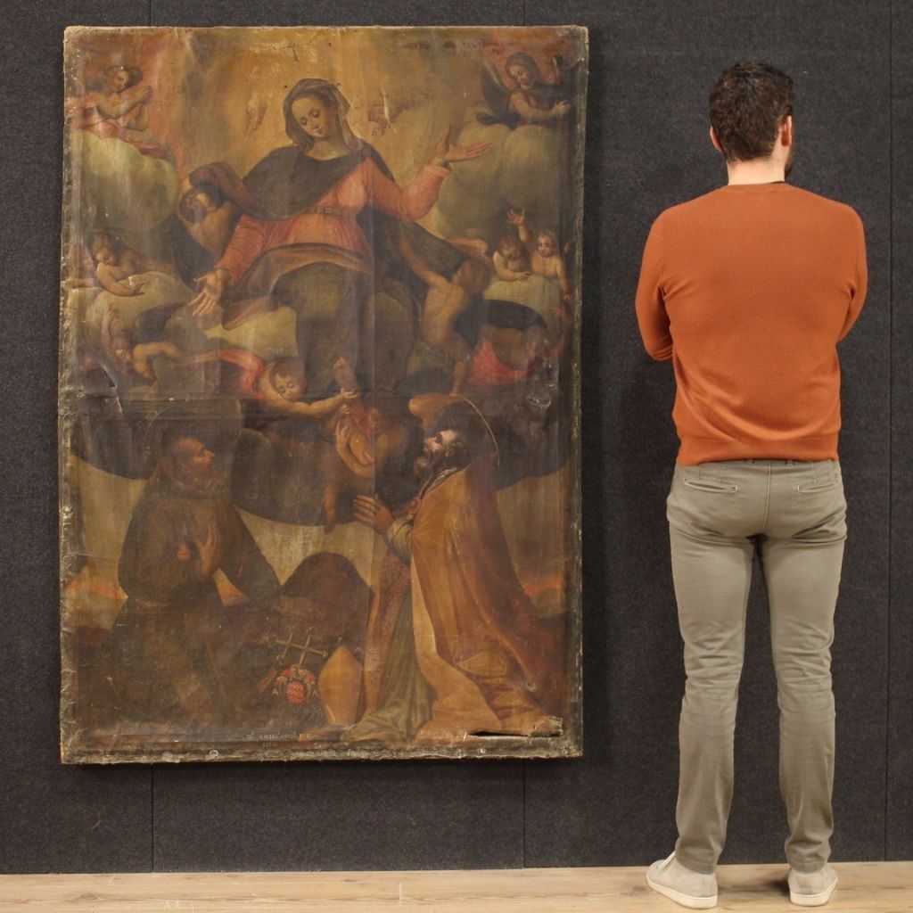 photo furniture Antique Italian Religious Painting Virgin With Angels And Saints From 18th Century