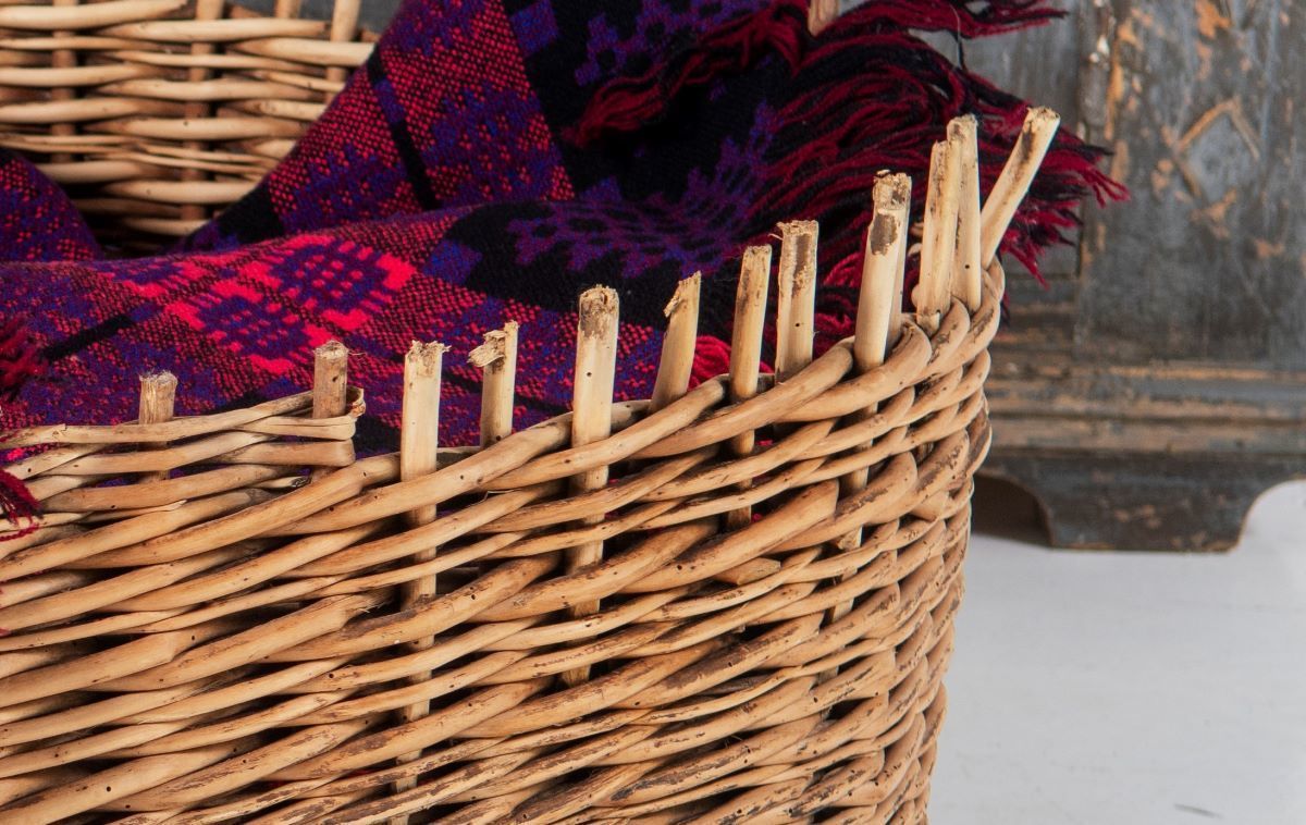 Large Wicker Dog Bed Or Log Basket On Cast Iron Wheels photo vinterior