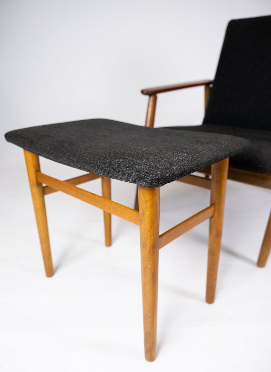 Armchair With Stool In Teak And Dark Wool Fabric Of Danish Design From The 1960s. photo furniture