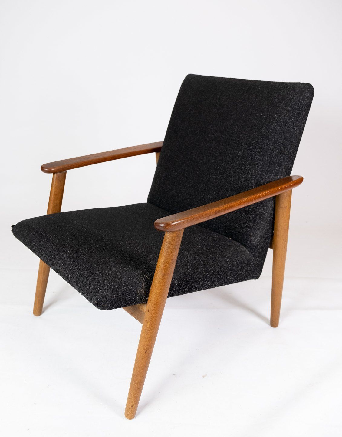 Armchair With Stool In Teak And Dark Wool Fabric Of Danish Design From The 1960s. photo for sale