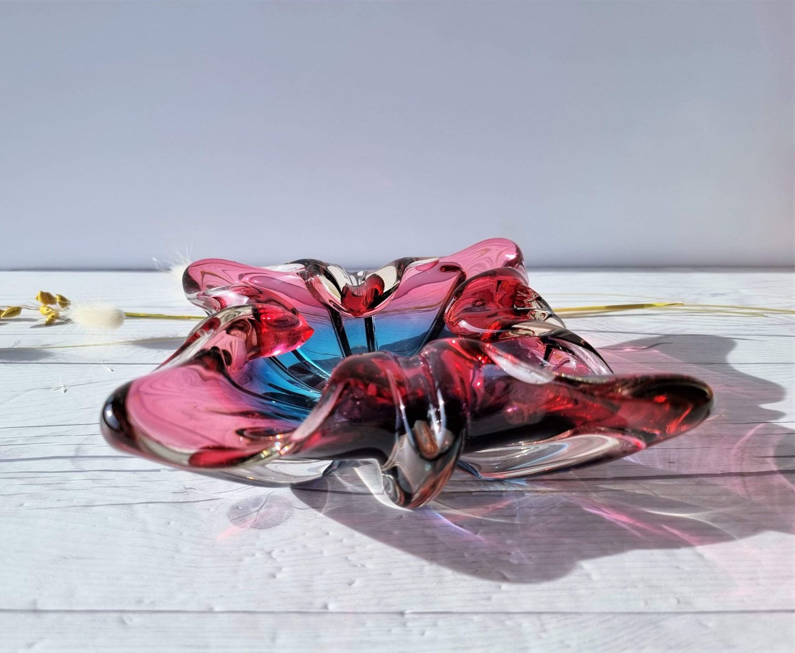 Iwatsu Hineri Glassworks, Handblown Sculpted Dish In Summer Berries Palette, 1960s 70s, Japanese photo buy