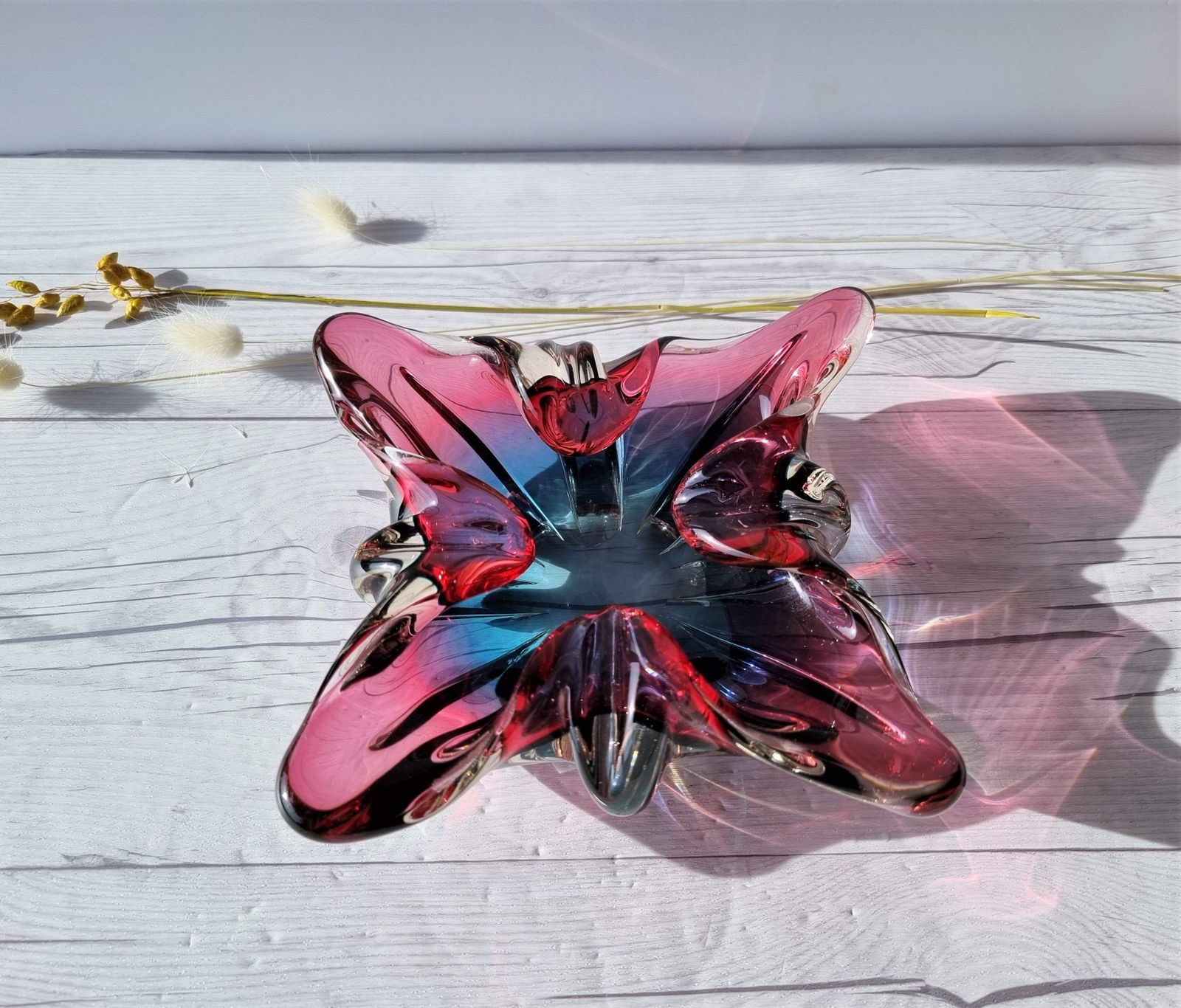 photo for sale Iwatsu Hineri Glassworks, Handblown Sculpted Dish In Summer Berries Palette, 1960s 70s, Japanese