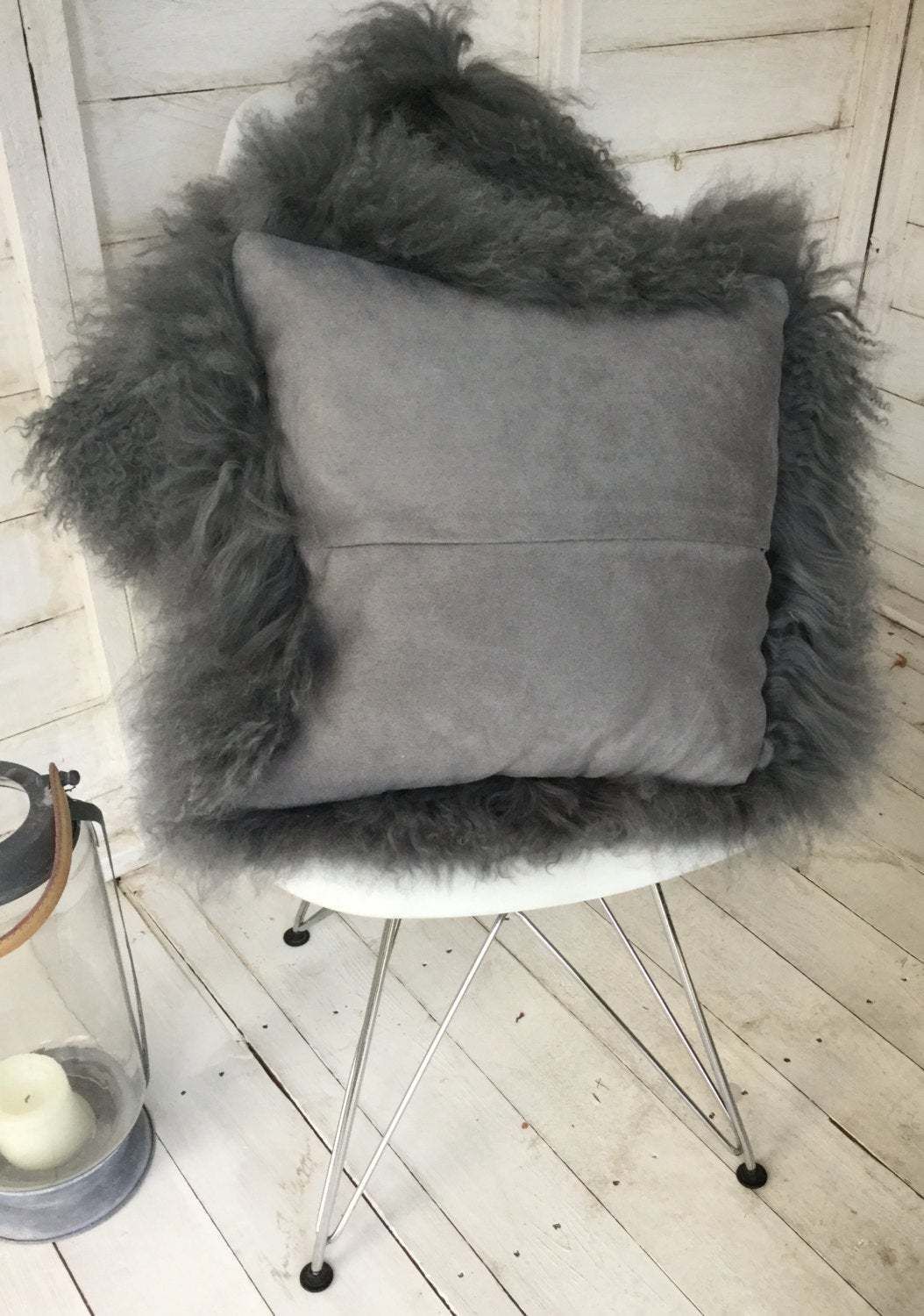 Luxury Fur Grey Cushion, Pillow, Tibetan Sheepskin In A Stunning Mid Grey Colour, Gray Cushion, Home Decor, Hygge photo Textiles