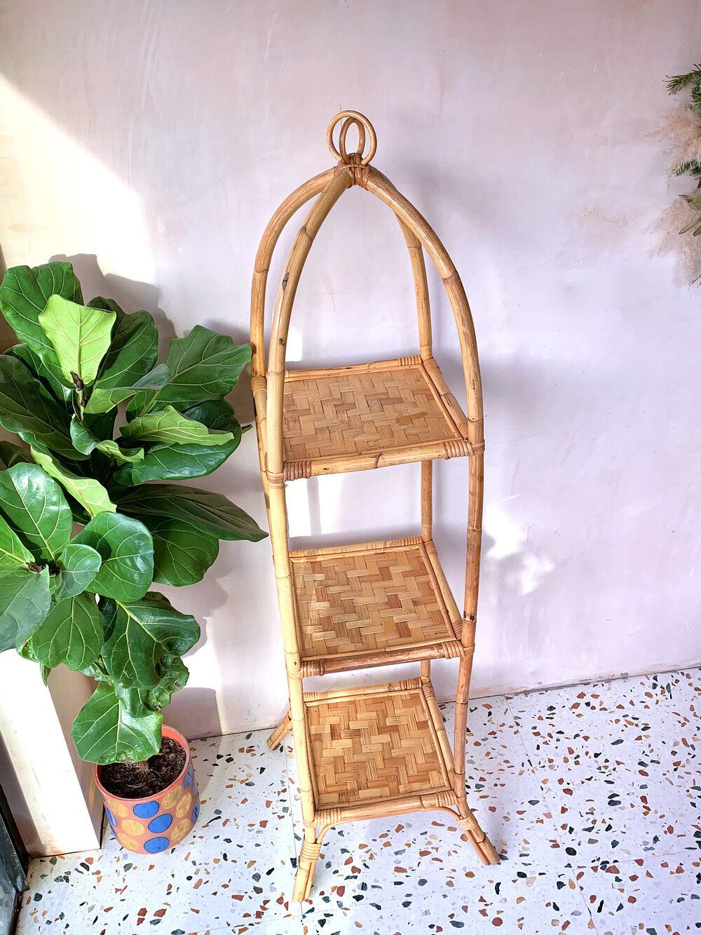Mid Century Freestanding Arched Bamboo Etagere Shelving Unit With Large Woven Detail Shelves photo for sale